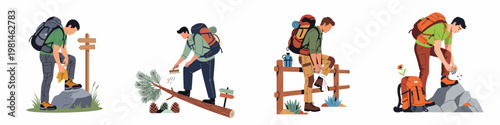 Vector illustration set of hikers cleaning boots and gear to practice leave no trace ethics and prevent the spread of invasive species.