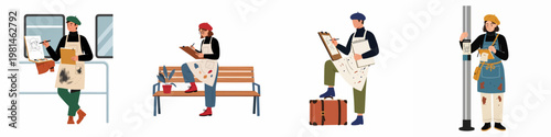 Young artists wearing berets and aprons sketching in various public settings, flat vector illustration set isolated on white background.