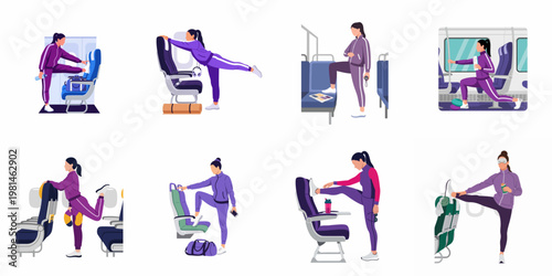Flat vector illustration set of a woman performing various stretching and fitness exercises while traveling on an airplane or public transport.