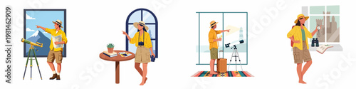 Collection of travel-themed illustrations showing tourists planning trips and sightseeing with telescopes, maps, cameras, and compasses against scenic backgrounds.