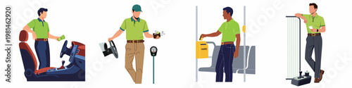 Set of flat vector illustrations of men paying for various transportation services, including car parking, public transport fare, and travel expenses.