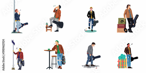 Flat illustration set of a young male musician in a leather jacket carrying a guitar case in various urban street scenes and poses.