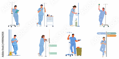 Illustration Set of Medical Professionals in Blue Scrubs Performing Various Tasks and Resting in a Hospital Environment