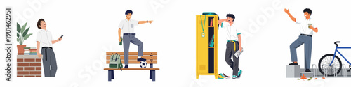 Set of illustrations depicting a male student in school uniform engaging in various activities like sports, studying, and socializing on campus.