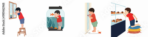 Set of four illustrations depicting a curious young boy exploring the world through windows, a fishbowl, and a bakery display.