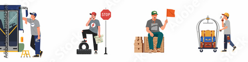 Illustration set of characters working in transportation, logistics, and travel services, featuring a bus driver, porter, and cargo workers.