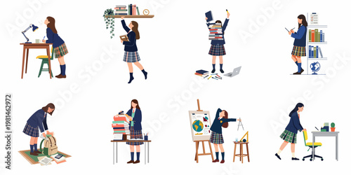 Set of schoolgirl character illustrations depicting various study activities, school routines, and educational tasks in a flat design style.
