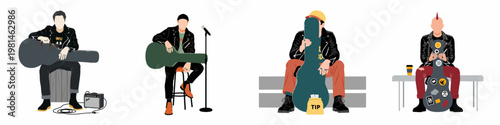 Collection of flat vector illustrations showing young male musicians with guitar cases, capturing the spirit of street performers and indie rock subculture.