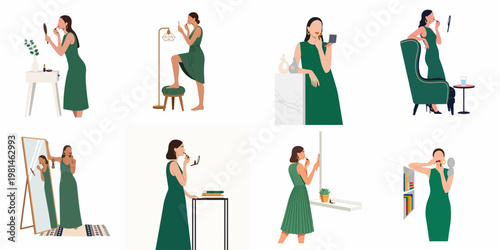 Set of flat vector illustrations depicting a woman in a green dress applying red lipstick in various domestic and elegant settings.