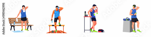 Set of illustrations featuring a tired male athlete wiping sweat and resting after various intense workouts, running, hurdles, and gym training sessions.