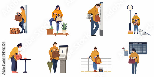 Collection of illustrations showing a female traveler searching through her bag in various transit and waiting scenarios such as stations and cafes.