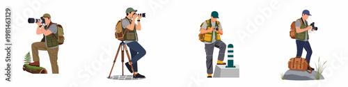 Collection of male photographer characters with professional cameras and gear in various outdoor settings for wildlife and landscape photography.