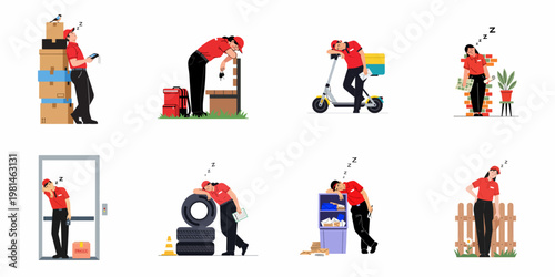 Illustrations of exhausted delivery workers and couriers falling asleep while performing various tasks, representing burnout and overwork in the logistics industry.