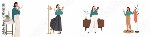 Illustration set of a stylish woman applying makeup and getting ready in different outfits and interior settings.