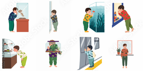 Illustrations of a curious little boy observing the world through various glass windows, museum displays, aquariums, and shop windows.