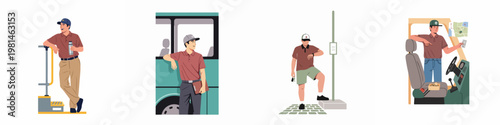 Illustration set of a professional male delivery driver in various work scenarios including checking routes, taking breaks, and standing by his vehicle.