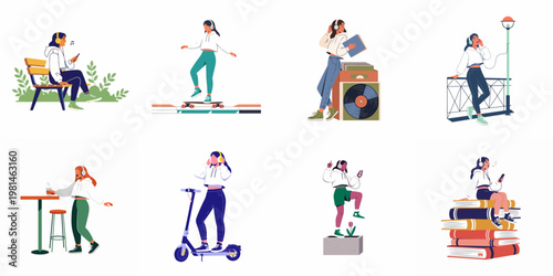 Collection of flat vector illustrations showing young women wearing headphones and listening to music during various outdoor and indoor lifestyle activities.