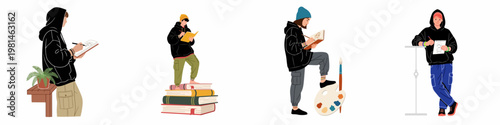 Collection of Creative Young Artists in Streetwear Drawing in Sketchbooks, Flat Vector Illustration Set