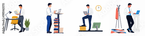 Flat Vector Illustrations of a Modern Businessman Working in Diverse Ergonomic Office Environments Using Laptops and Standing Desks
