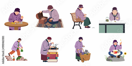 Set of vector illustrations depicting an elderly woman managing, counting, and saving money in various everyday situations.