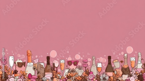 Assortment of festive beverages and sweet treats borders a solid colored background space