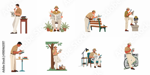 Collection of flat vector illustrations of a man in a pith hat solving crossword puzzles in various indoor and outdoor environments.