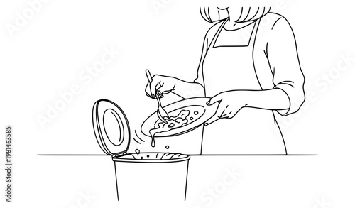 Hand drawn woman scraping food leftovers into trash bin line art vector food waste kitchen concept illustration