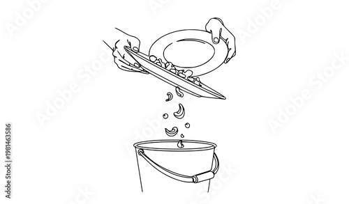 Continuous one line drawing hands throwing away food leftovers into bin minimalist food waste concept vector