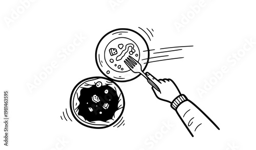 Doodle style hands scraping food waste from plate into trash bin top view kitchen waste vector illustration