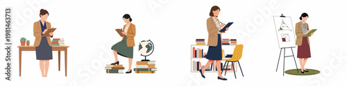 Set of flat illustrations featuring a professional woman or teacher in various office and educational settings, managing tasks, teaching, and organizing.