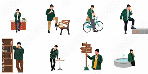Illustrations of a young man in a green plaid shirt and beanie, eating snacks and drinking coffee in various urban locations.