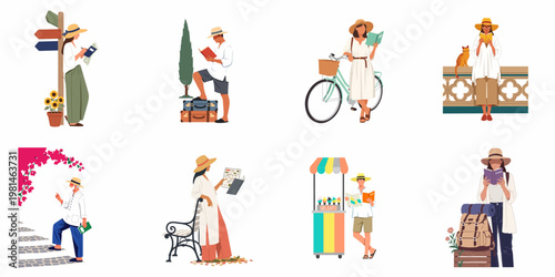 Collection of flat vector illustrations featuring tourists exploring, reading maps, and enjoying their summer vacation in various scenic settings.