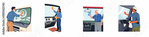 Set of diverse people cleaning and wiping vehicle windshields, including car and truck interiors and exteriors, illustrated in a flat vector style.