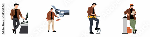 A set of four flat vector illustrations featuring a male character in casual attire, engaged in activities like driving, operating controls, and logistics management.