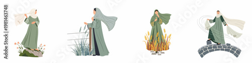 Set of four flat illustrations featuring a Muslim woman in a green modest dress and hijab, posing in various natural outdoor landscape settings.