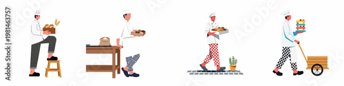 A set of four professional bakers and pastry chefs in various poses holding freshly baked goods, illustrated in a modern flat style.