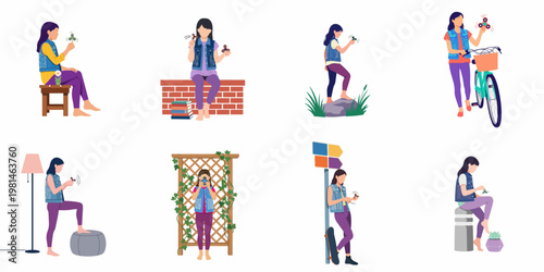 Collection of Eight Illustrations Featuring a Young Girl Playing with Fidget Spinners in Various Outdoor and Indoor Settings