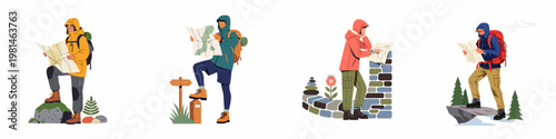 Set of four flat vector illustrations featuring hikers with backpacks and maps exploring different outdoor terrains, focusing on navigation and adventure.