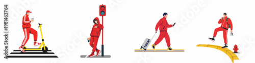 Flat Vector Illustration Set of Young Men in Red Tracksuits Performing Various Daily Urban Activities and Commuting in the City