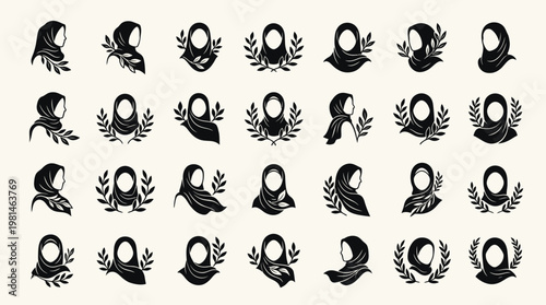 Collection of Elegant Hijab Muslim Woman Icons in Black Silhouette