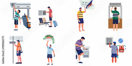 Set of flat illustrations of a man traveling by plane, train, bus, and boat, navigating different transportation environments and transit hubs.