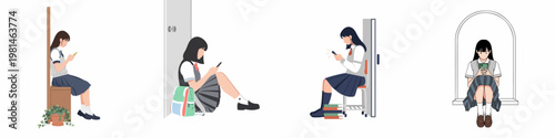 Minimalist illustrations of diverse female students in school uniforms sitting in various settings while focused on their smartphones, representing modern youth and digital connectivity.