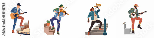 A diverse collection of four male street performers playing acoustic guitar, violin, saxophone, and banjo on urban steps.