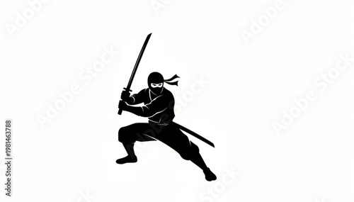Ninja Warrior Silhouette in Action with Sword Combat Pose