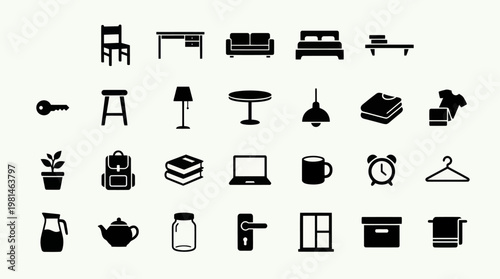 Essential Household Furniture and Daily Objects Icon Set Collection