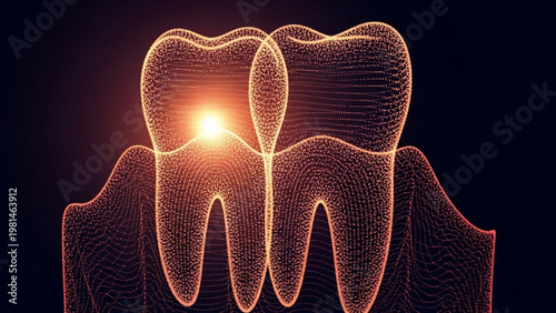 Abstract digital illustration of two glowing teeth, symbolizing dental health and technological advancements in dentistry