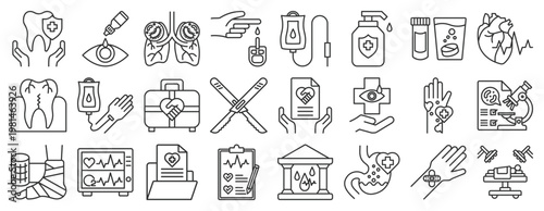 Medical Services Icon Set. Outline Style Icons Including Dental Care, Eye Drops, Lungs, Blood Test, IV Drip, Hand Sanitizer, Medicine Bottle, Heart, Medical Kit, Lab Analysis, Injury, Laboratory,
