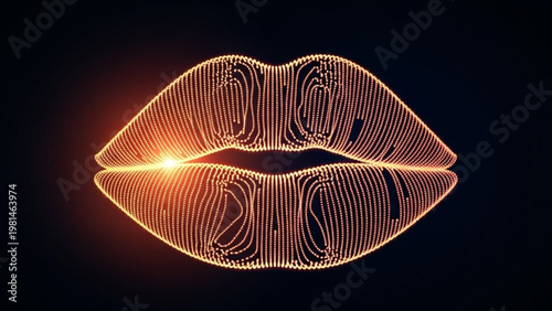 Abstract digital art of glowing golden lines forming seductive lips, radiating futuristic beauty and sensuality on a dark background