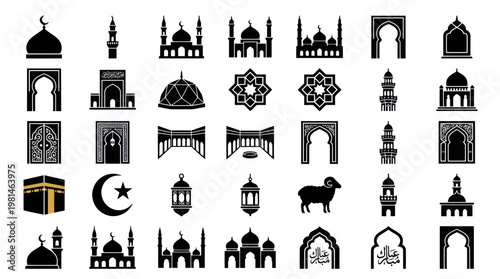 Collection of mosque and Islamic architecture silhouette icons set.