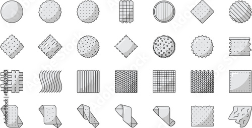 Fabric Texture Swatch Icon Set with Various Textile Patterns Surface Samples and Material Design Elements Outline Illustration